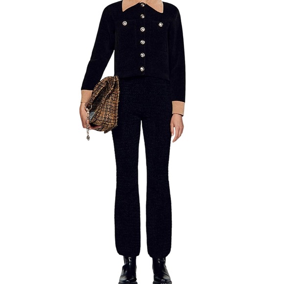 Sandro Pants - Sandro Black Tweed Flared Leg Mid Rise Velvet Textured Trousers Stretch Sz 2 NWT